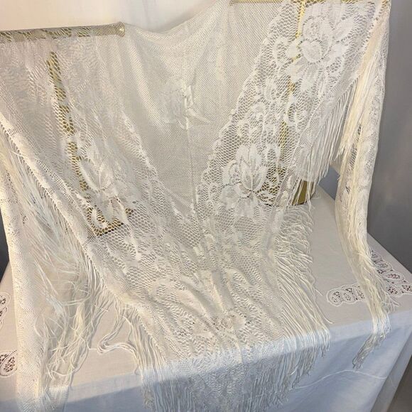 White Lace Fringe Shawl Wrap | Romantic Floral Mantilla Scarf 64x60 + 7” Fringe - Picture 4 of 11